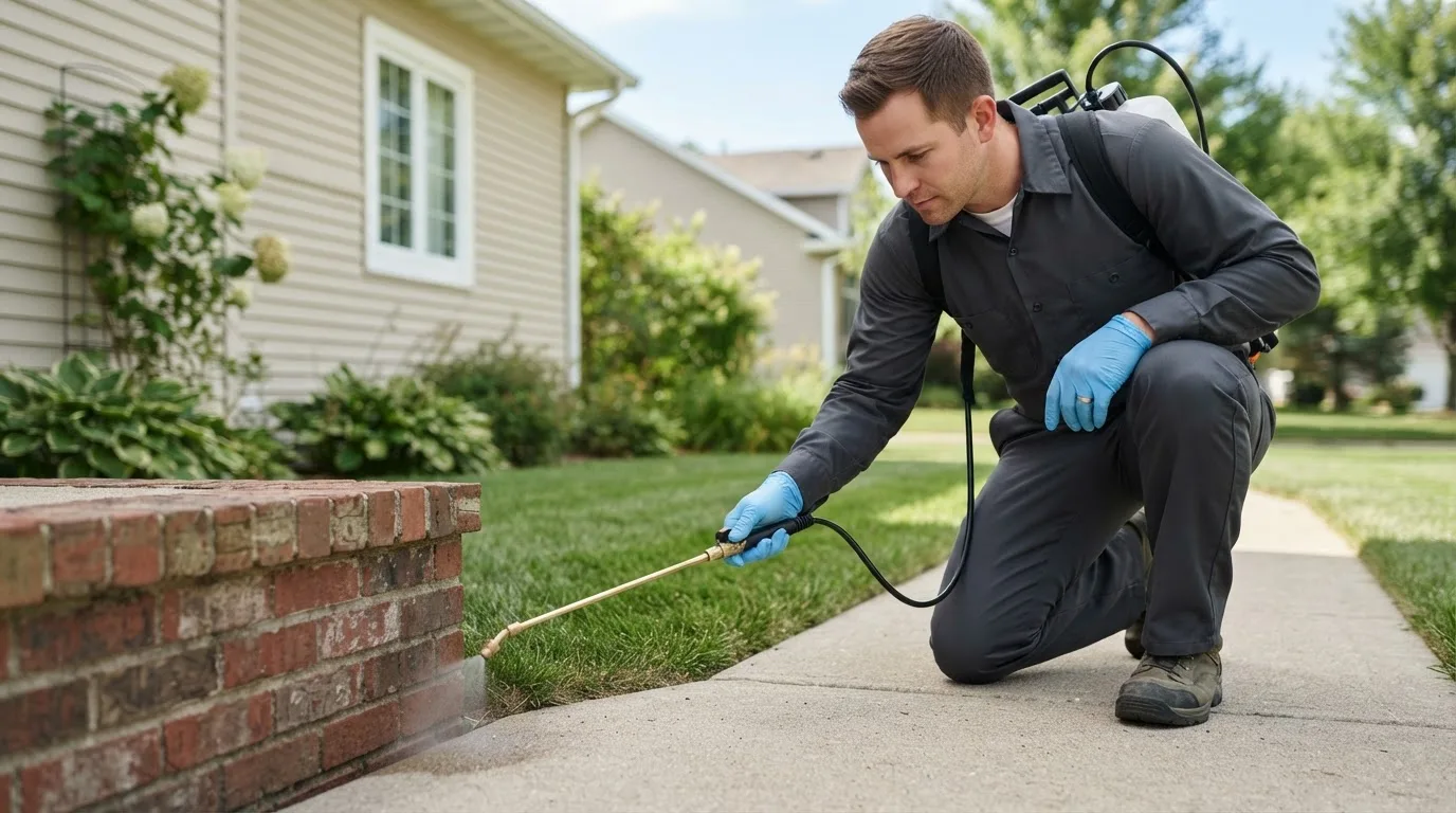 Pest control technician treating a home near Elkhart, IA