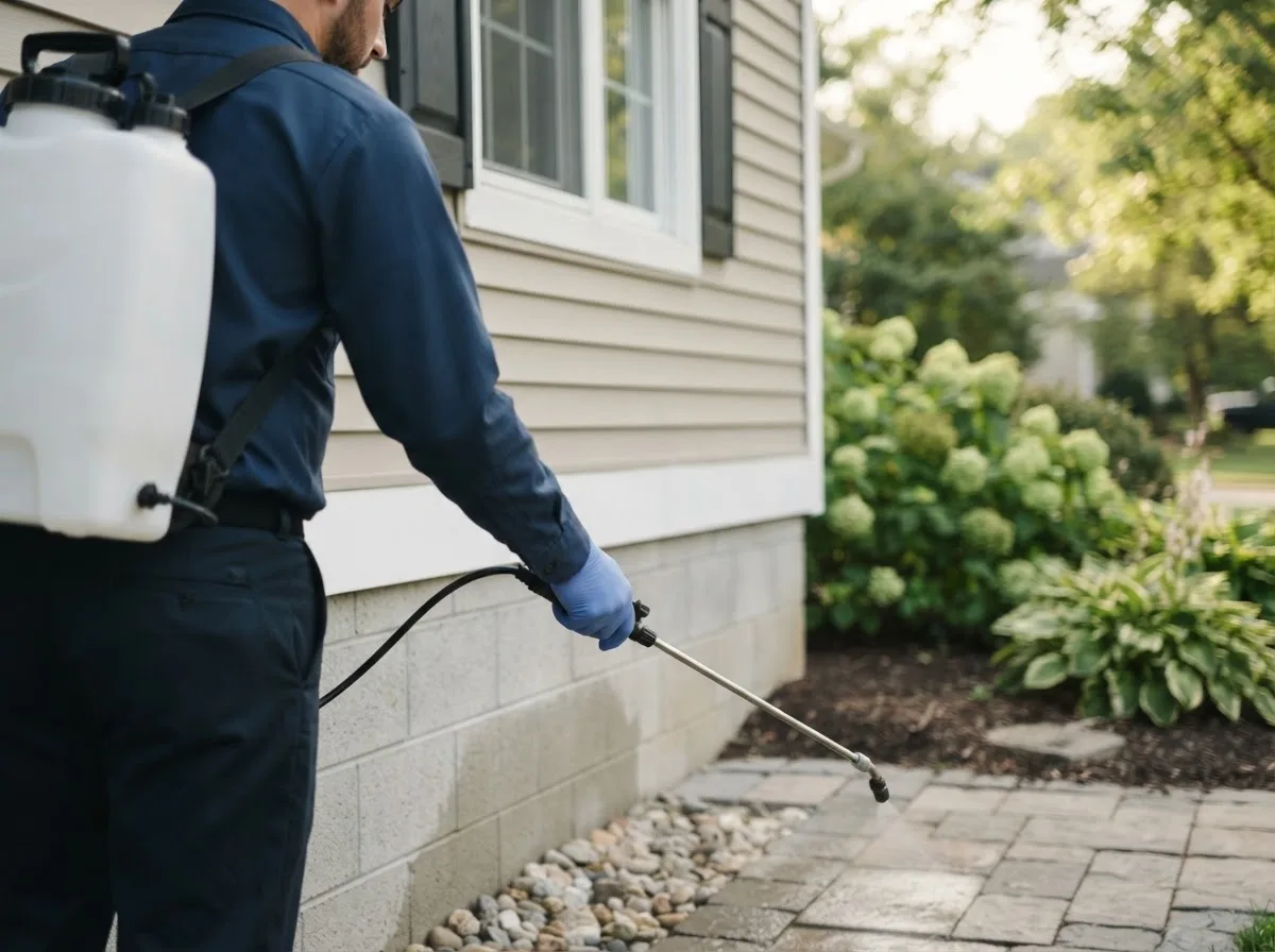 Pest control technician inspecting a home in Elkhart, IA
